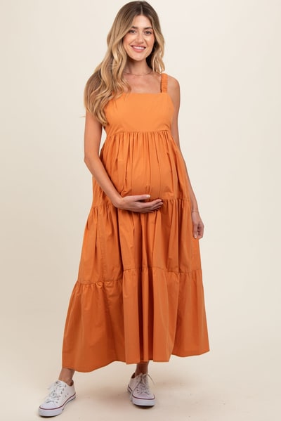 PinkBlush Orange Square Neck Cut Out Back Tiered Maternity Maxi Dress