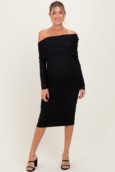 PinkBlush Black Ruched Mesh Off Shoulder Long Sleeve Maternity Midi Dress