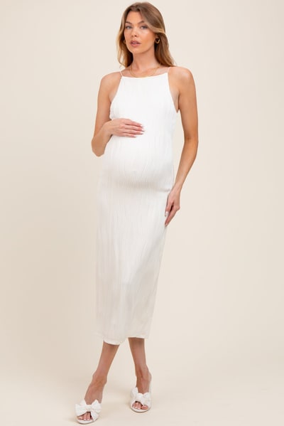 PinkBlush Ivory Textured Sleeveless Fitted Maternity Midi Dress