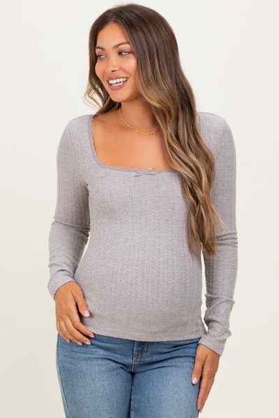 PinkBlush Grey Pointelle Knit Lace Trim Square Neck Maternity Top