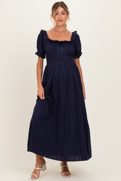 PinkBlush Navy Smocked Ruffle Accent Ribbon Tie Maternity Maxi Dress
