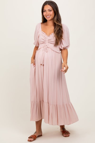 PinkBlush Light Pink Smocked Cinched Front Maternity Maxi Dress