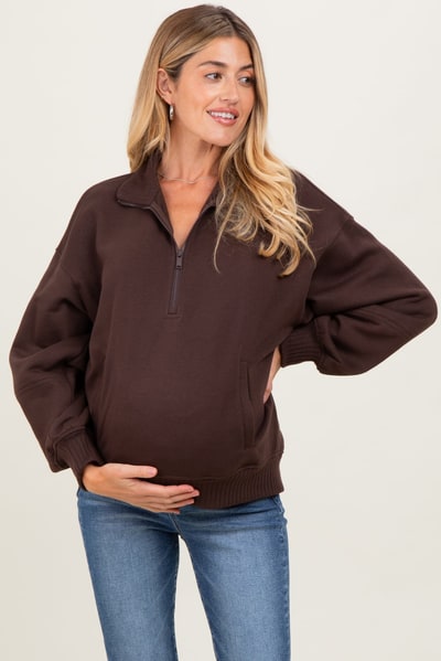 PinkBlush Brown French Terry Quarter Zip Maternity Pullover