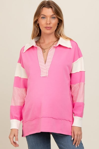 PinkBlush Pink Colorblock Stripe Maternity Polo Pullover Top
