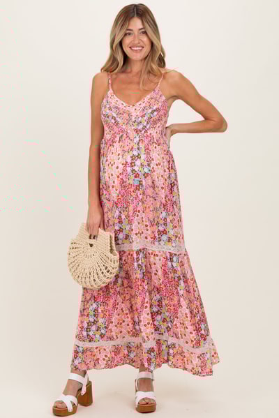 PinkBlush Pink Smocked Bust V Neck Lace Trim Maternity Maxi Dress