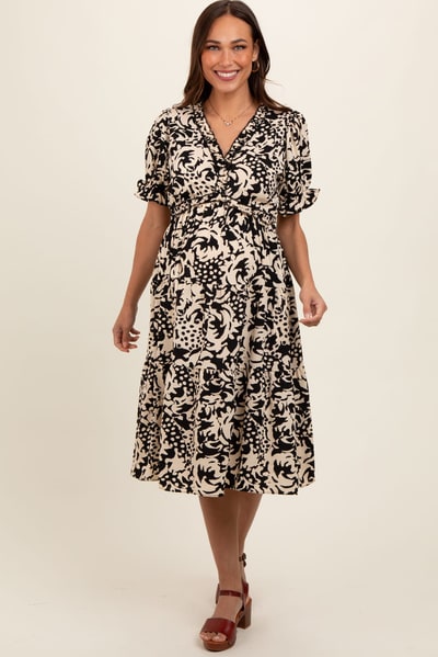 PinkBlush Black Ruffle Trim Tiered Maternity Dress