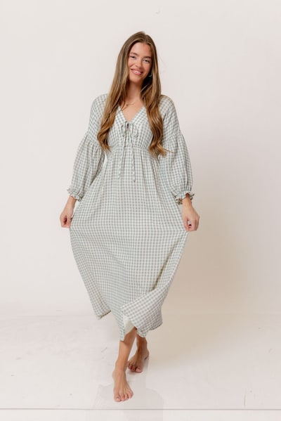 Worth Collective Hunter 100% Cotton Midi Dress in Light Indigo Plaid (Lined) - Bump Friendly