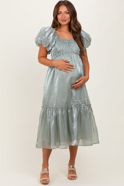 PinkBlush Light Olive Organza Puff Sleeve Maternity Midi Dress