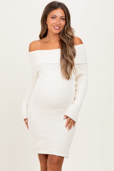 PinkBlush Ivory Off The Shoulder Knit Sweater Maternity Mini Dress