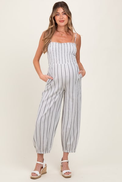 PinkBlush Cream Smocked Striped Balloon Maternity Jumpsuit