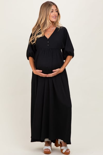 PinkBlush Black Solid Woven 3/4 Sleeve V-Neck Button Down Maternity Maxi Dress