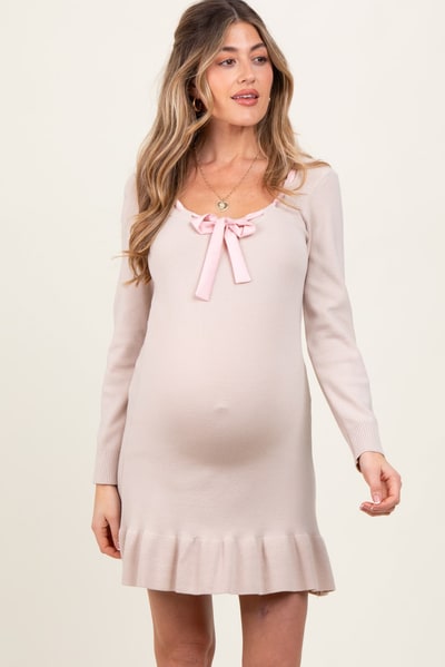 PinkBlush Beige Knit Ribbon Detail Neckline Maternity Mini Dress