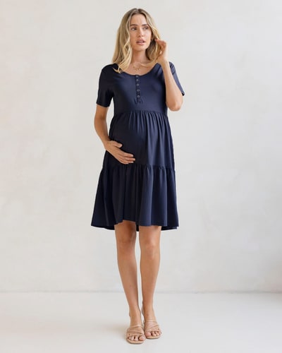 Angel Maternity Navy Short Sleeve Maternity Tiered Dress
