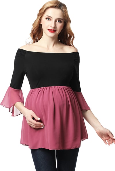 Kimi + Kai Kimi + Kai Maternity "Kylie" Off the Shoulder Color Block Top