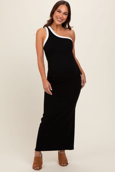 PinkBlush Black Contrast One Shoulder Maternity Maxi Dress