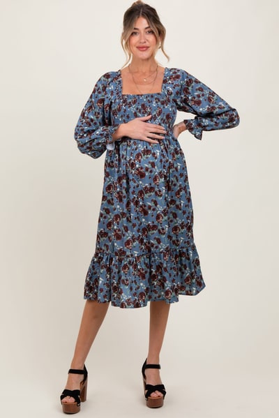 PinkBlush Blue Rose Smocked Velvet Bow Tie Maternity Midi Dress