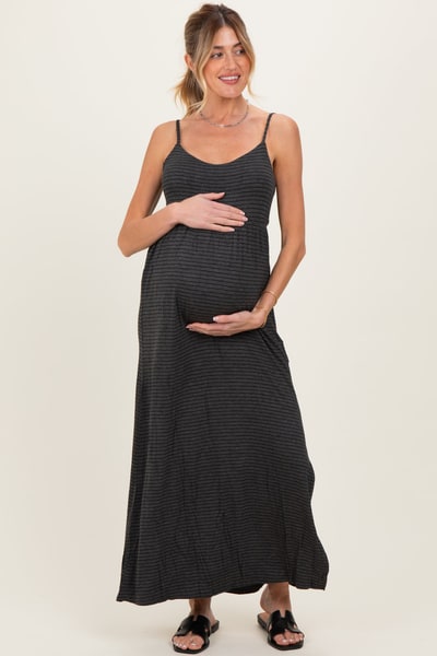 PinkBlush Charcoal Striped Sleeveless Maternity Maxi Dress