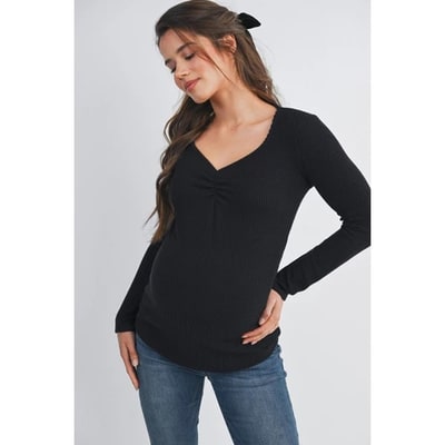 Target Hello Miz Women's Ribbed Sweetheart Neck Long Sleeve Maternity Top - Black - Small
