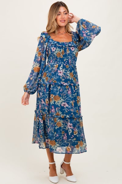 PinkBlush Navy Floral Chiffon Smocked Ruffle Tiered Maternity Midi Dress