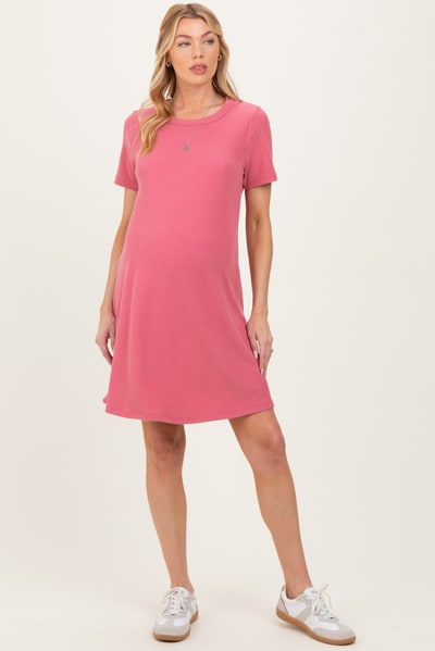 PinkBlush Pink Ribbed Knit Basic Short Sleeve Maternity T-Shirt Dress