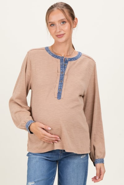 PinkBlush Mocha Rib Knit Casual Maternity Henley Top