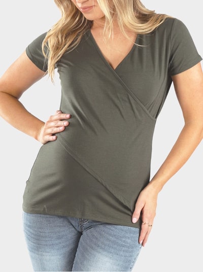 Angel Maternity Maternity & Nursing Crossover Short Sleeve Tee in Khaki Bamboo