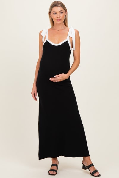 PinkBlush Black Knit Contrast Shoulder Tie Maternity Dress