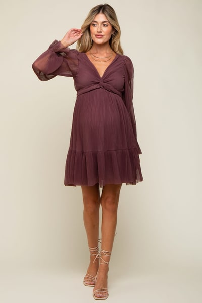 PinkBlush Purple Pleated Knotted Long Sleeve Maternity Dress