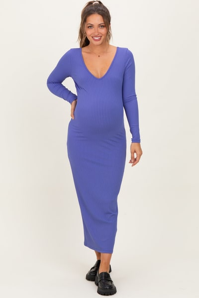 PinkBlush Iris Blue V-Neck Long Sleeve Fitted Maternity Maxi Dress