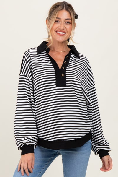 PinkBlush Black Striped Oversized Collared Pullover Maternity Top