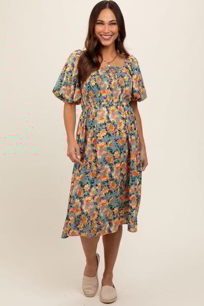 PinkBlush Blue Floral Square Neck Smocked Short Puff Sleeve Maternity Midi Dress