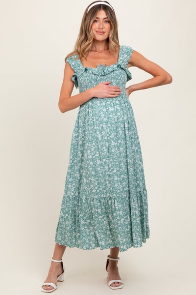 PinkBlush Light Olive Floral Smocked Ruffle Detail Maternity Midi Dress