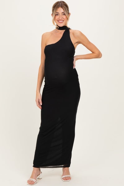 PinkBlush Black Mesh Overlay Halter Maternity Maxi Dress