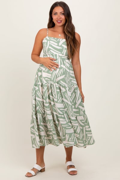 PinkBlush Light Olive Printed Cutout Tie Back Tiered Maternity Midi Dress