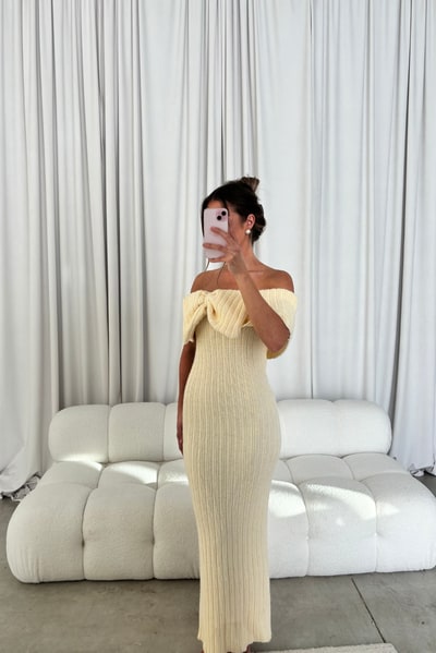 Worth Collective Aston Bow Front Maxi Sweater Dress in Butter Yellow - Bump Friendly