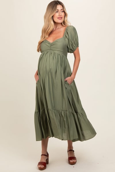 PinkBlush Olive Ruched Sweetheart Neck Tiered Maternity Midi Dress