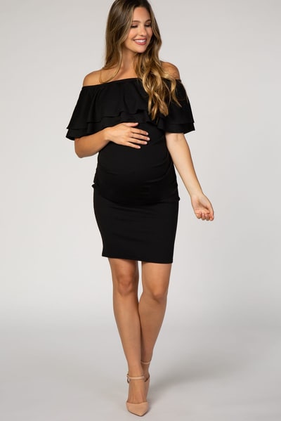 PinkBlush Black Off Shoulder Ruched Maternity Dress