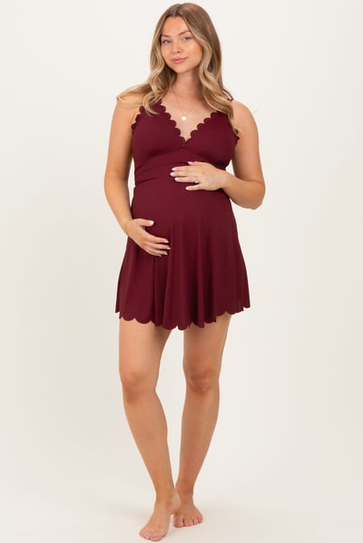 PinkBlush Dark Burgundy Ribbed Scallop Hem Maternity Swim Dress