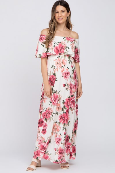 PinkBlush Ivory Floral Off Shoulder Flounce Maternity Maxi Dress
