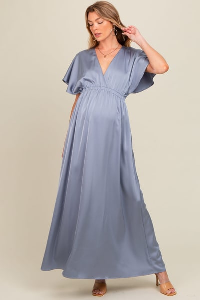 PinkBlush Grey Satin V-Neck Flutter Short Sleeve Maternity Maxi Dress