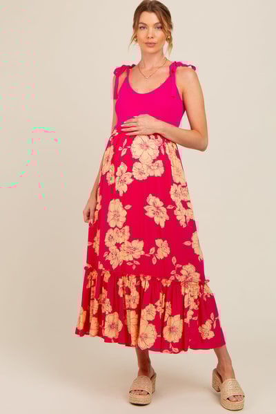 PinkBlush Fuchsia Floral Colorblock Maternity Midi Dress