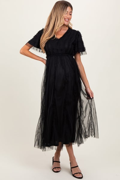 PinkBlush Black Ruffle Accent Mesh Overlay Maternity Maxi Dress