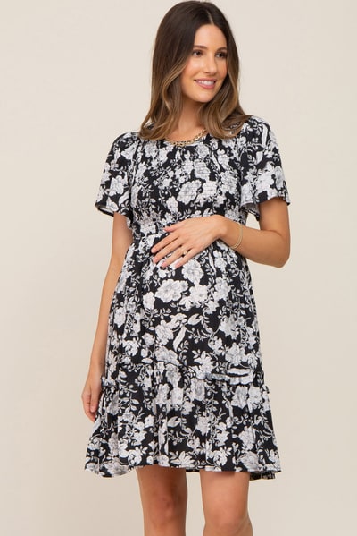 PinkBlush Black Floral Smocked Gathered Tier Maternity Dress