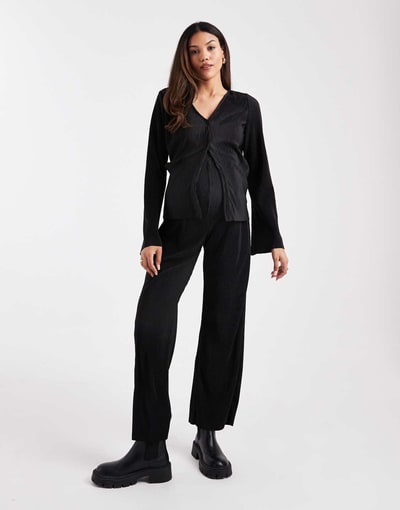 ASOS Mamalicious Maternity plisse straight leg pants in black - part of a set
