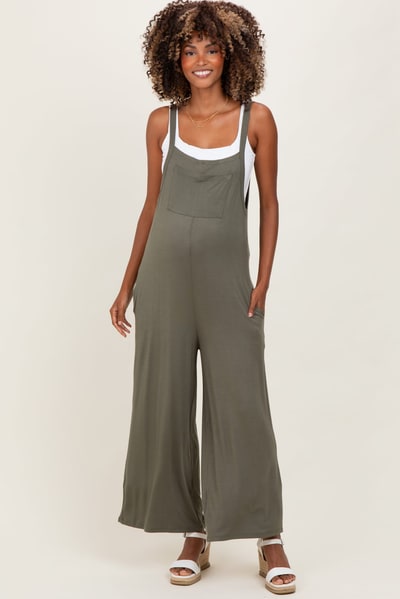 PinkBlush Olive Sleeveless Pocketed Wide Leg Maternity Jumpsuit