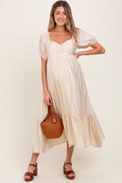 PinkBlush Cream Ruched Sweetheart Neck Tiered Maternity Midi Dress