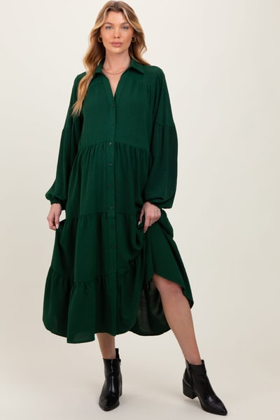 PinkBlush Forest Green Tiered Button Down Long Sleeve Maternity Maxi Dress