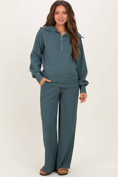 PinkBlush Teal Ribbed High Neck Half Zip Pullover Maternity Pant Set