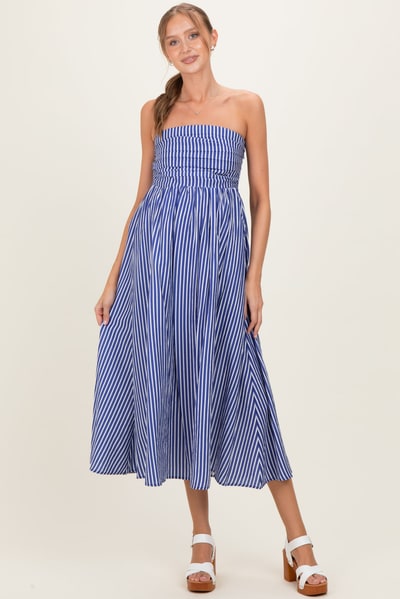 PinkBlush Denim Blue Striped Strapless Maternity Maxi Dress