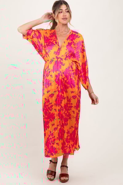 PinkBlush Orange Floral Satin Pleated V-Neck Maternity Maxi Dress